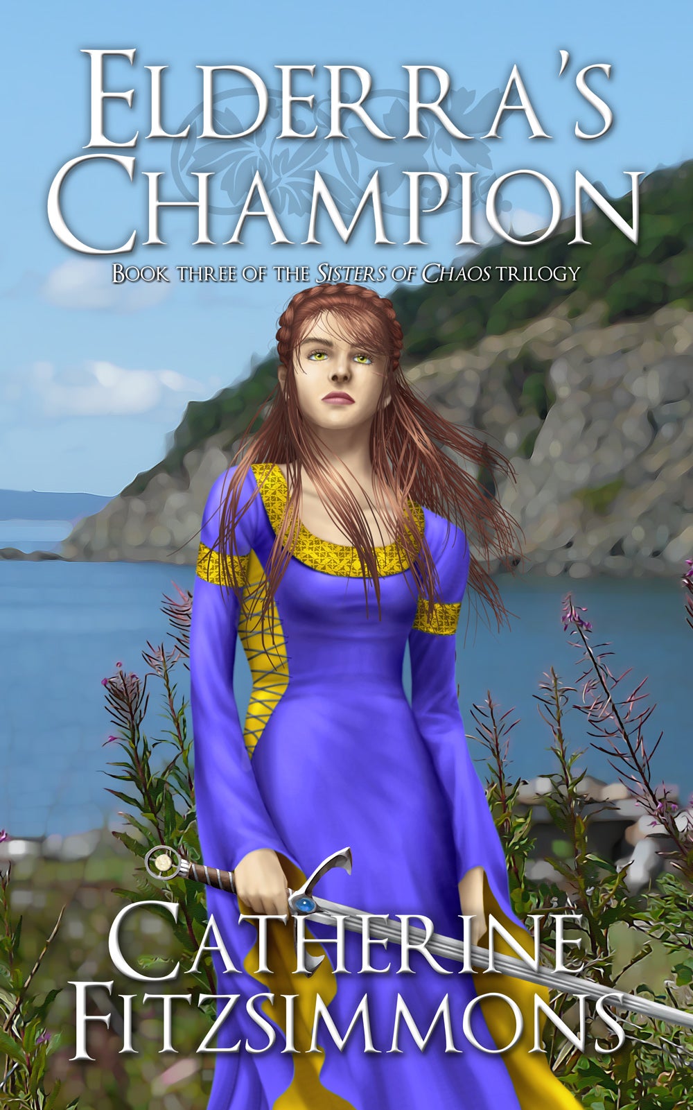 Cover art for Elderra's Champion by Catherine Fitzsimmons, a digital painting of a woman with auburn hair and a purple and gold dress and holding a sword, standing in front of a bay with a rocky outcrop in the distance