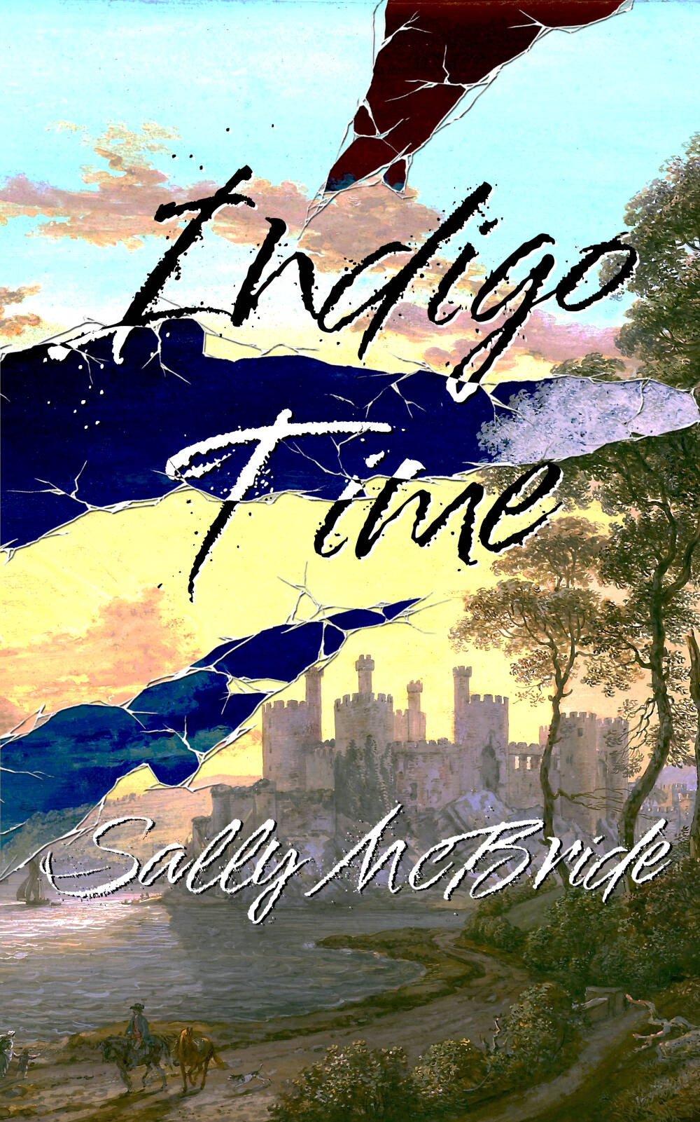 Cover for Indigo Time, a classical painting of a lakeside castle; jagged tears across the landscape show a negative image within